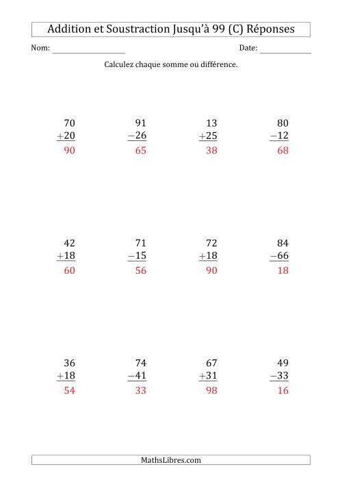 Addition et Soustraction d'un Nombre à 2 Chiffres avec des Termes et Diminuendes Jusqu'à 99 (12 Questions) (C) page 2