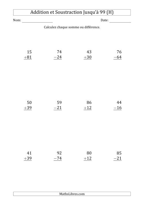 Addition et Soustraction d'un Nombre à 2 Chiffres avec des Termes et Diminuendes Jusqu'à 99 (12 Questions) (H)
