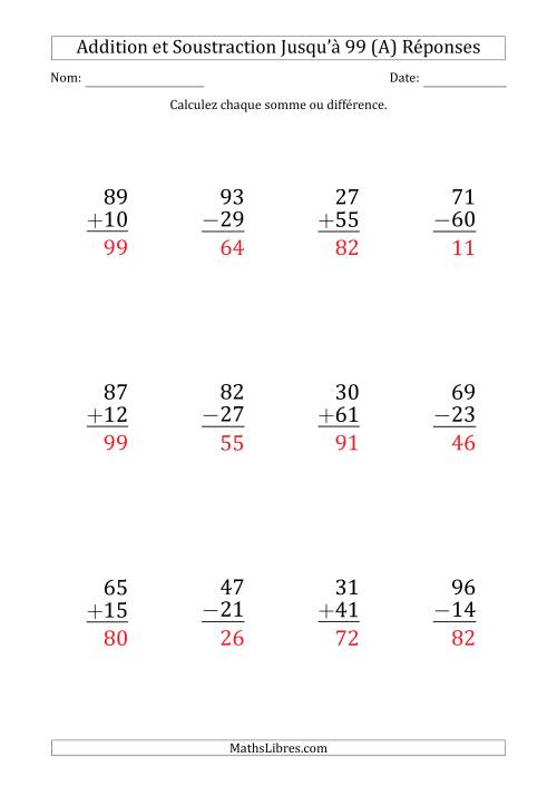 Gros Caractère - Addition et Soustraction d'un Nombre à 2 Chiffres avec des Termes et Diminuendes Jusqu'à 99 (12 Questions) (A) page 2