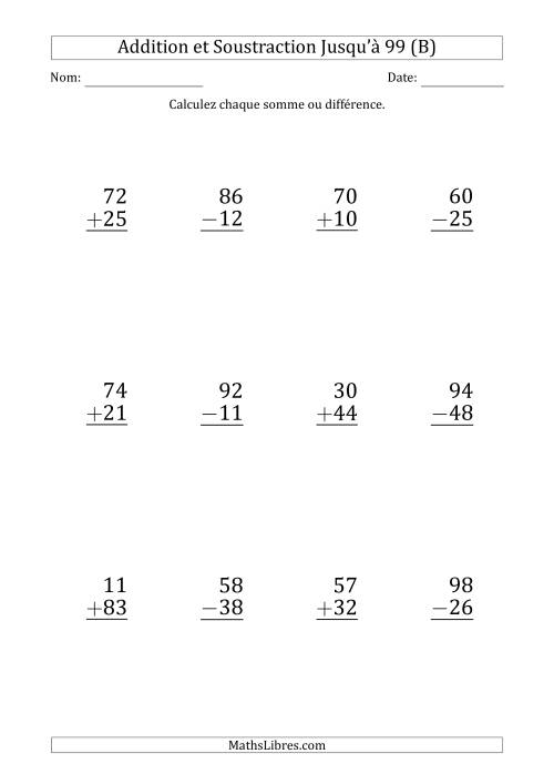 Gros Caractère - Addition et Soustraction d'un Nombre à 2 Chiffres avec des Termes et Diminuendes Jusqu'à 99 (12 Questions) (B)