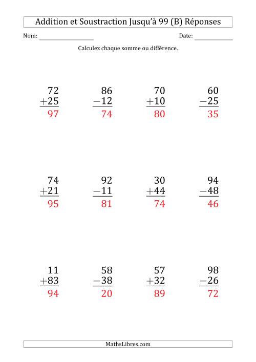 Gros Caractère - Addition et Soustraction d'un Nombre à 2 Chiffres avec des Termes et Diminuendes Jusqu'à 99 (12 Questions) (B) page 2