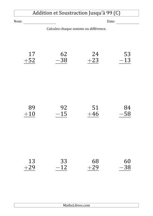 Gros Caractère - Addition et Soustraction d'un Nombre à 2 Chiffres avec des Termes et Diminuendes Jusqu'à 99 (12 Questions) (C)