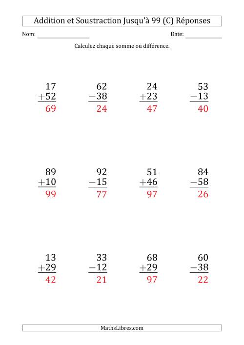 Gros Caractère - Addition et Soustraction d'un Nombre à 2 Chiffres avec des Termes et Diminuendes Jusqu'à 99 (12 Questions) (C) page 2