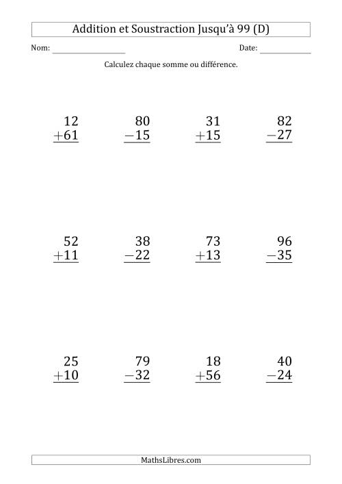 Gros Caractère - Addition et Soustraction d'un Nombre à 2 Chiffres avec des Termes et Diminuendes Jusqu'à 99 (12 Questions) (D)