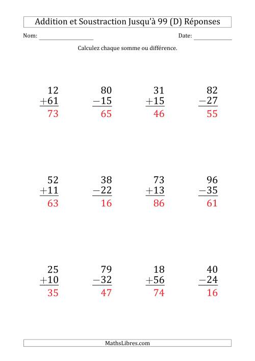 Gros Caractère - Addition et Soustraction d'un Nombre à 2 Chiffres avec des Termes et Diminuendes Jusqu'à 99 (12 Questions) (D) page 2
