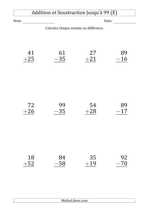 Gros Caractère - Addition et Soustraction d'un Nombre à 2 Chiffres avec des Termes et Diminuendes Jusqu'à 99 (12 Questions) (E)
