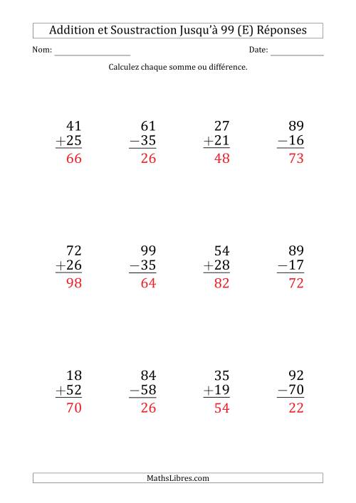 Gros Caractère - Addition et Soustraction d'un Nombre à 2 Chiffres avec des Termes et Diminuendes Jusqu'à 99 (12 Questions) (E) page 2