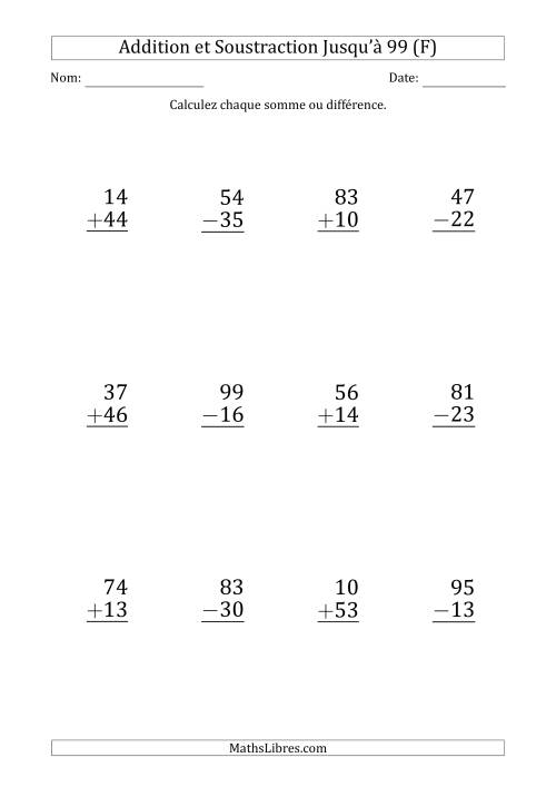 Gros Caractère - Addition et Soustraction d'un Nombre à 2 Chiffres avec des Termes et Diminuendes Jusqu'à 99 (12 Questions) (F)