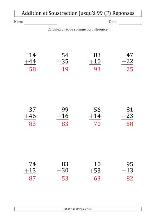Gros Caractère - Addition et Soustraction d'un Nombre à 2 Chiffres avec des Termes et Diminuendes Jusqu'à 99 (12 Questions) (F) page 2