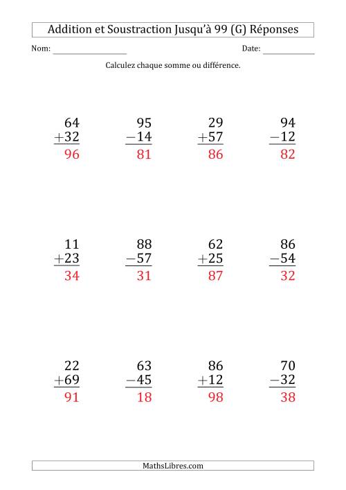 Gros Caractère - Addition et Soustraction d'un Nombre à 2 Chiffres avec des Termes et Diminuendes Jusqu'à 99 (12 Questions) (G) page 2