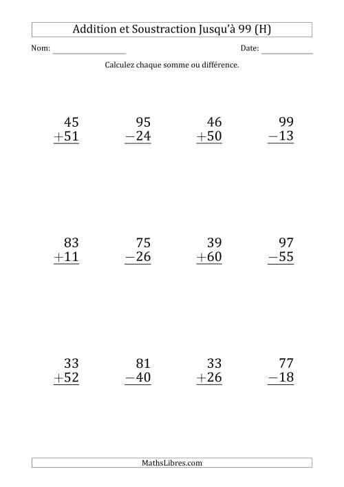 Gros Caractère - Addition et Soustraction d'un Nombre à 2 Chiffres avec des Termes et Diminuendes Jusqu'à 99 (12 Questions) (H)