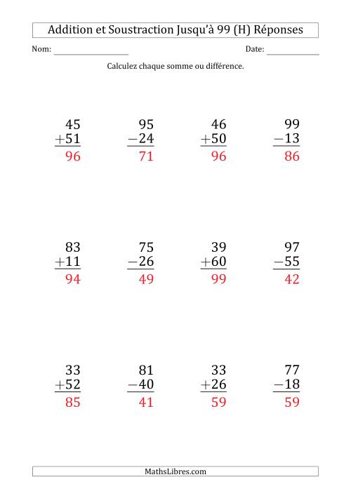 Gros Caractère - Addition et Soustraction d'un Nombre à 2 Chiffres avec des Termes et Diminuendes Jusqu'à 99 (12 Questions) (H) page 2