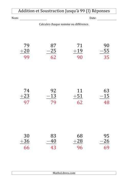 Gros Caractère - Addition et Soustraction d'un Nombre à 2 Chiffres avec des Termes et Diminuendes Jusqu'à 99 (12 Questions) (I) page 2