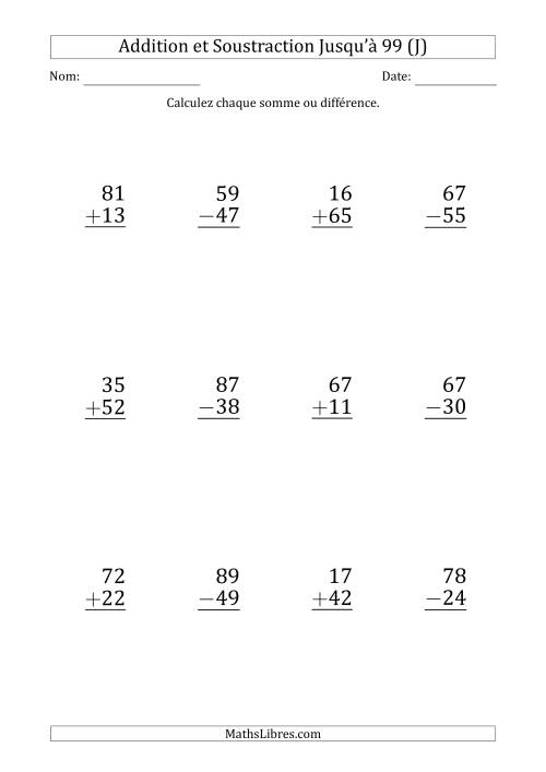 Gros Caractère - Addition et Soustraction d'un Nombre à 2 Chiffres avec des Termes et Diminuendes Jusqu'à 99 (12 Questions) (J)