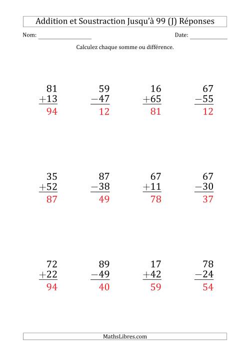 Gros Caractère - Addition et Soustraction d'un Nombre à 2 Chiffres avec des Termes et Diminuendes Jusqu'à 99 (12 Questions) (J) page 2