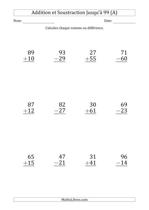 Gros Caractère - Addition et Soustraction d'un Nombre à 2 Chiffres avec des Termes et Diminuendes Jusqu'à 99 (12 Questions) (Tout)