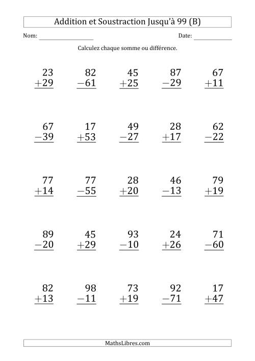 Gros Caractère - Addition et Soustraction d'un Nombre à 2 Chiffres avec des Termes et Diminuendes Jusqu'à 99 (25 Questions) (B)