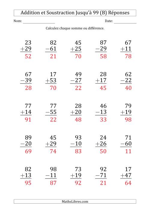 Gros Caractère - Addition et Soustraction d'un Nombre à 2 Chiffres avec des Termes et Diminuendes Jusqu'à 99 (25 Questions) (B) page 2