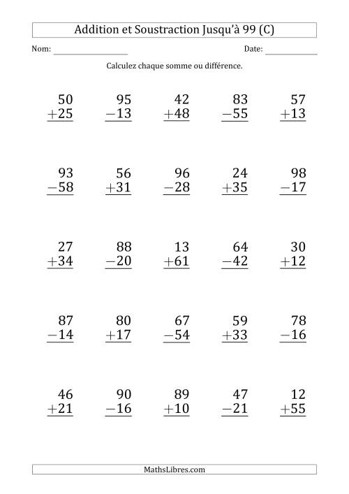Gros Caractère - Addition et Soustraction d'un Nombre à 2 Chiffres avec des Termes et Diminuendes Jusqu'à 99 (25 Questions) (C)
