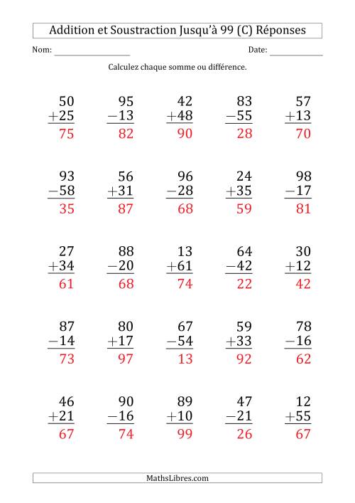 Gros Caractère - Addition et Soustraction d'un Nombre à 2 Chiffres avec des Termes et Diminuendes Jusqu'à 99 (25 Questions) (C) page 2
