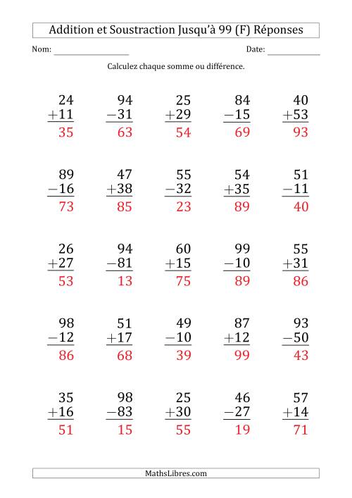 Gros Caractère - Addition et Soustraction d'un Nombre à 2 Chiffres avec des Termes et Diminuendes Jusqu'à 99 (25 Questions) (F) page 2