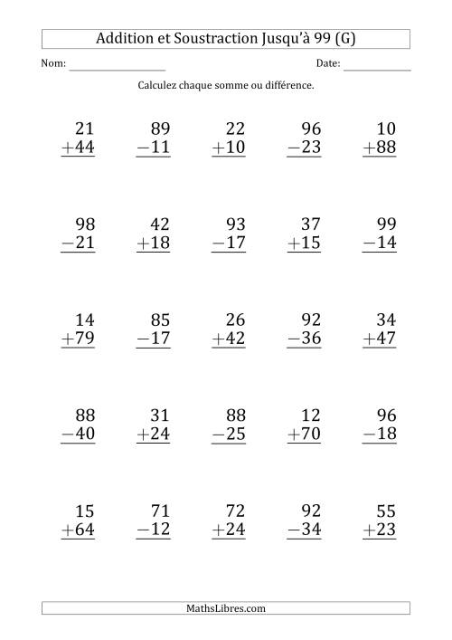 Gros Caractère - Addition et Soustraction d'un Nombre à 2 Chiffres avec des Termes et Diminuendes Jusqu'à 99 (25 Questions) (G)