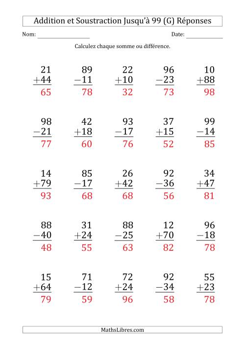 Gros Caractère - Addition et Soustraction d'un Nombre à 2 Chiffres avec des Termes et Diminuendes Jusqu'à 99 (25 Questions) (G) page 2