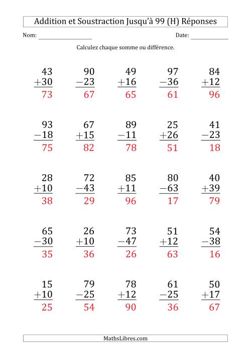 Gros Caractère - Addition et Soustraction d'un Nombre à 2 Chiffres avec des Termes et Diminuendes Jusqu'à 99 (25 Questions) (H) page 2