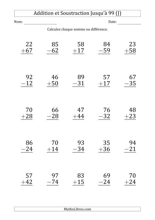 Gros Caractère - Addition et Soustraction d'un Nombre à 2 Chiffres avec des Termes et Diminuendes Jusqu'à 99 (25 Questions) (J)