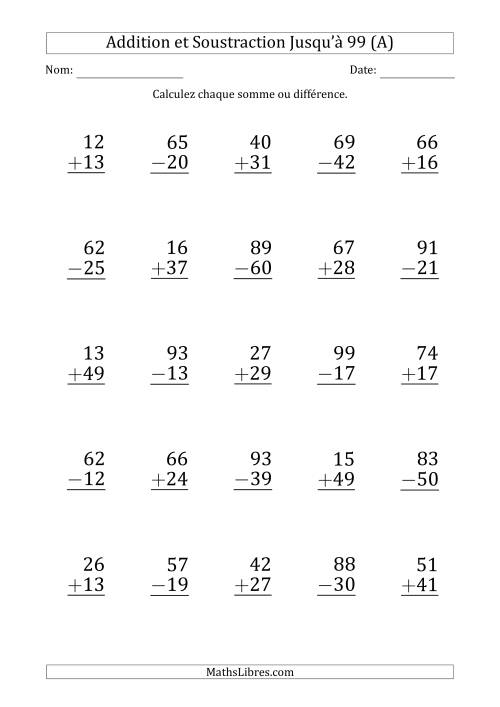 Gros Caractère - Addition et Soustraction d'un Nombre à 2 Chiffres avec des Termes et Diminuendes Jusqu'à 99 (25 Questions) (Tout)