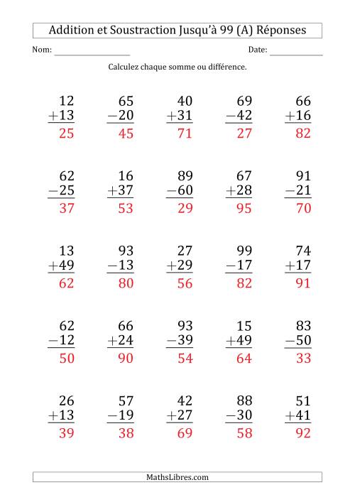 Gros Caractère - Addition et Soustraction d'un Nombre à 2 Chiffres avec des Termes et Diminuendes Jusqu'à 99 (25 Questions) (Tout) page 2
