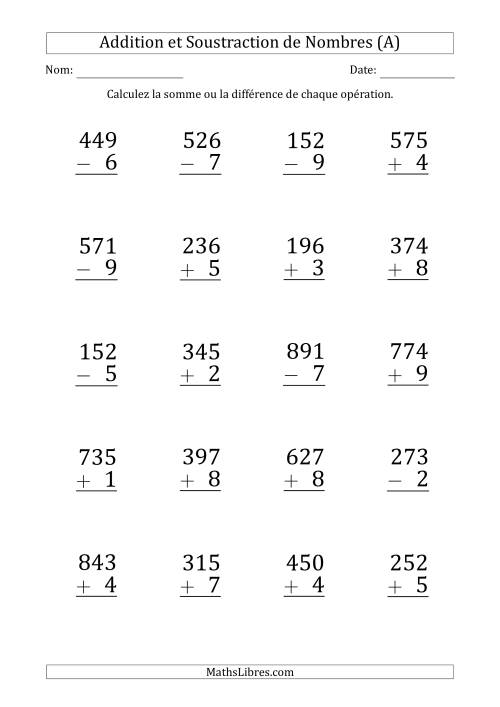 Addition et Soustraction d'un Nombre à 3 Chiffres par un Nombre à 1 Chiffre (Gros Caractère) (A)