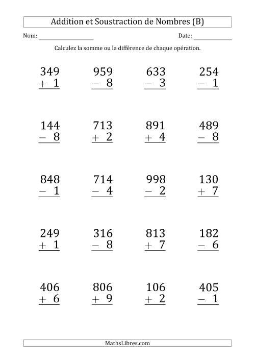 Addition et Soustraction d'un Nombre à 3 Chiffres par un Nombre à 1 Chiffre (Gros Caractère) (B)