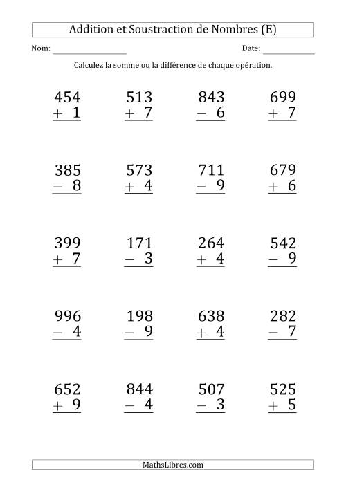 Addition et Soustraction d'un Nombre à 3 Chiffres par un Nombre à 1 Chiffre (Gros Caractère) (E)