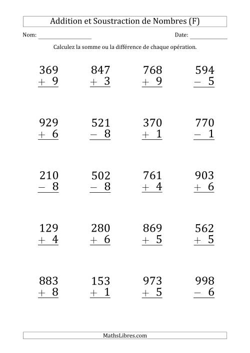 Addition et Soustraction d'un Nombre à 3 Chiffres par un Nombre à 1 Chiffre (Gros Caractère) (F)