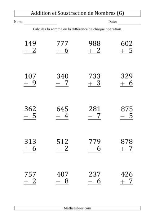 Addition et Soustraction d'un Nombre à 3 Chiffres par un Nombre à 1 Chiffre (Gros Caractère) (G)