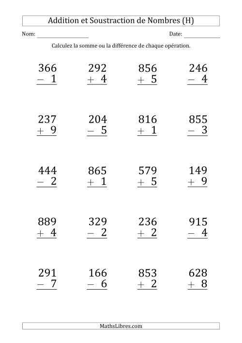 Addition et Soustraction d'un Nombre à 3 Chiffres par un Nombre à 1 Chiffre (Gros Caractère) (H)