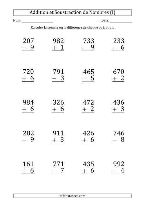 Addition et Soustraction d'un Nombre à 3 Chiffres par un Nombre à 1 Chiffre (Gros Caractère) (I)