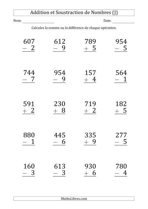 Addition et Soustraction d'un Nombre à 3 Chiffres par un Nombre à 1 Chiffre (Gros Caractère) (J)