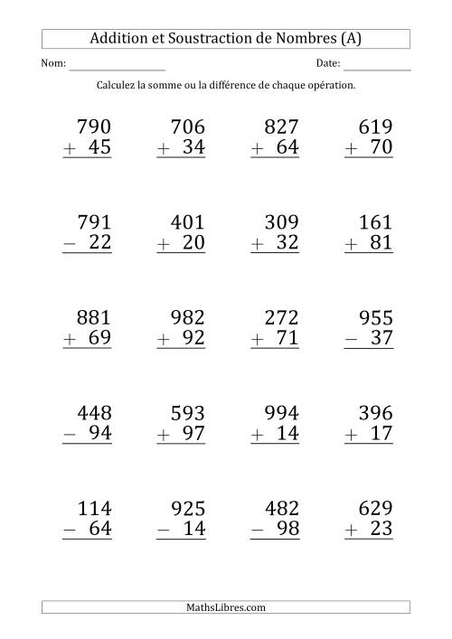 Addition et Soustraction d'un Nombre à 3 Chiffres par un Nombre à 2 Chiffres (Gros Caractère) (A)