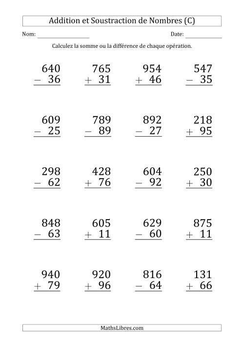 Addition et Soustraction d'un Nombre à 3 Chiffres par un Nombre à 2 Chiffres (Gros Caractère) (C)
