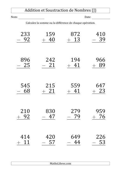 Addition et Soustraction d'un Nombre à 3 Chiffres par un Nombre à 2 Chiffres (Gros Caractère) (J)