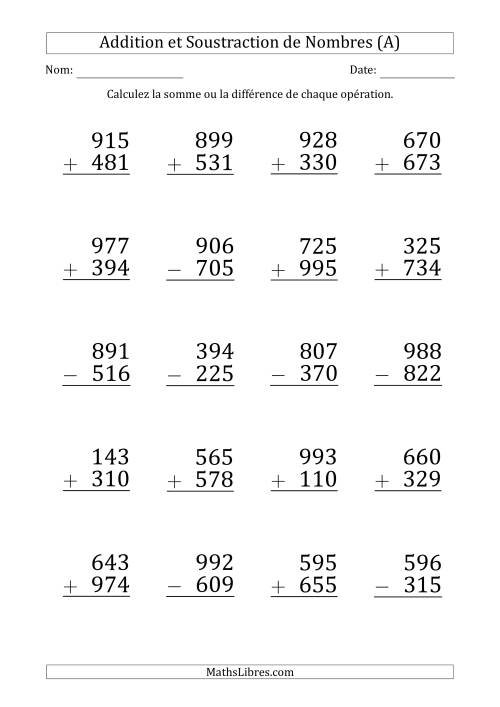 Addition et Soustraction d'un Nombre à 3 Chiffres par un Nombre à 3 Chiffres (Gros Caractère) (A)