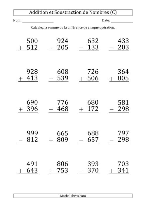 Addition et Soustraction d'un Nombre à 3 Chiffres par un Nombre à 3 Chiffres (Gros Caractère) (C)