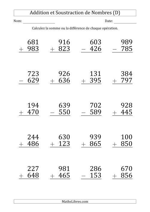 Addition et Soustraction d'un Nombre à 3 Chiffres par un Nombre à 3 Chiffres (Gros Caractère) (D)