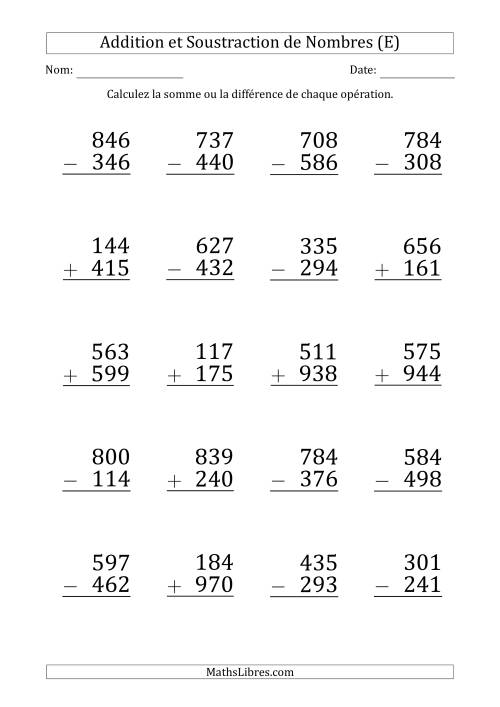Addition et Soustraction d'un Nombre à 3 Chiffres par un Nombre à 3 Chiffres (Gros Caractère) (E)