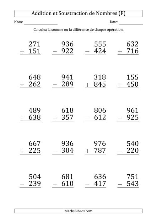 Addition et Soustraction d'un Nombre à 3 Chiffres par un Nombre à 3 Chiffres (Gros Caractère) (F)