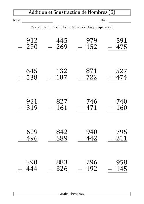 Addition et Soustraction d'un Nombre à 3 Chiffres par un Nombre à 3 Chiffres (Gros Caractère) (G)
