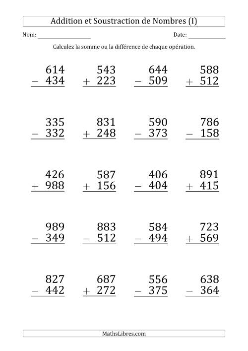 Addition et Soustraction d'un Nombre à 3 Chiffres par un Nombre à 3 Chiffres (Gros Caractère) (I)
