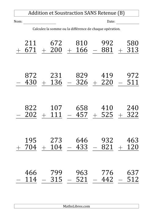 Addition et Soustraction d'un Nombre à 3 Chiffres par un Nombre à 3 Chiffres SANS retenue (Gros Caractère) (B)
